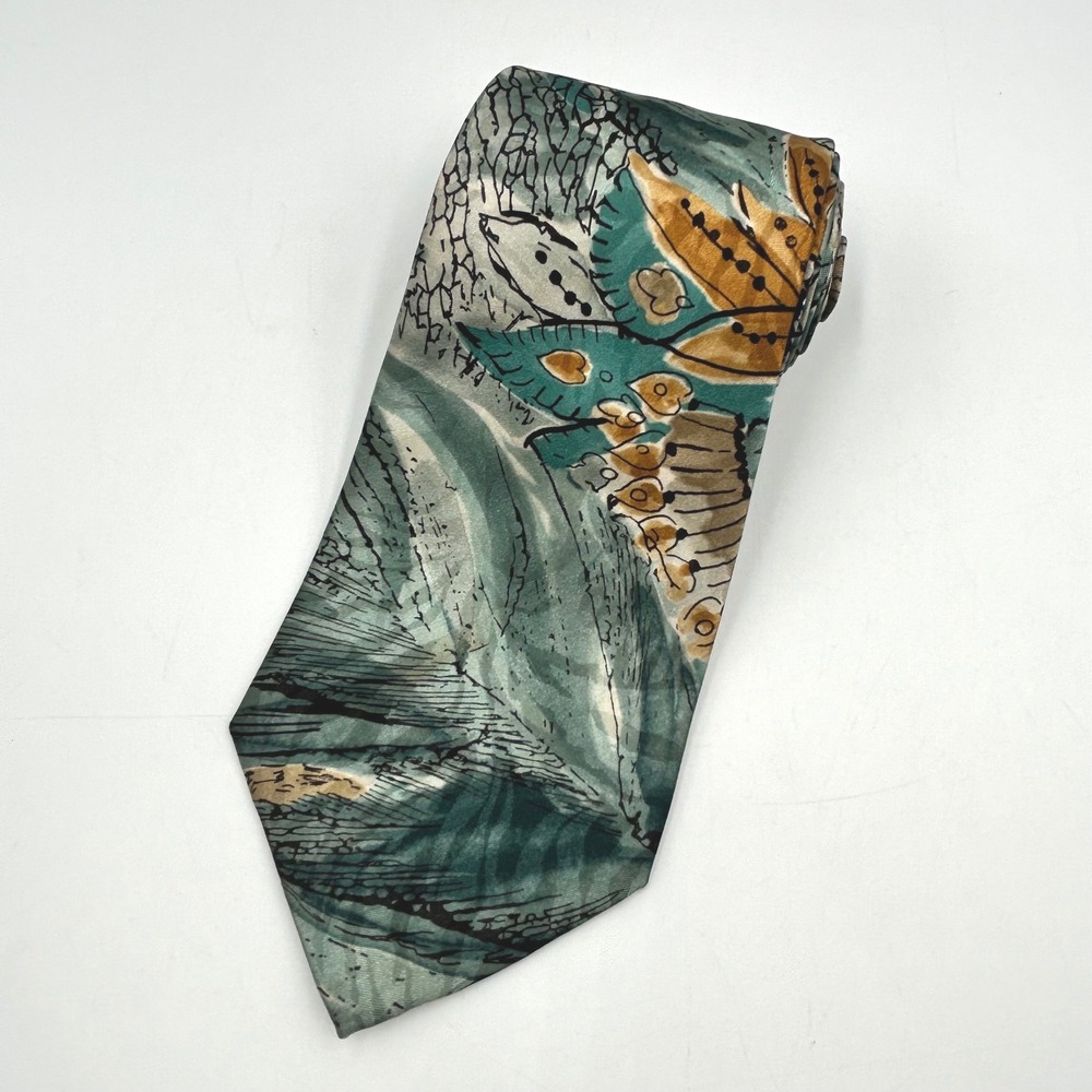 Geoffrey Beene Tie Green Mens Abstract Botanical Silk Blend EUC 58 in x 3.75 in